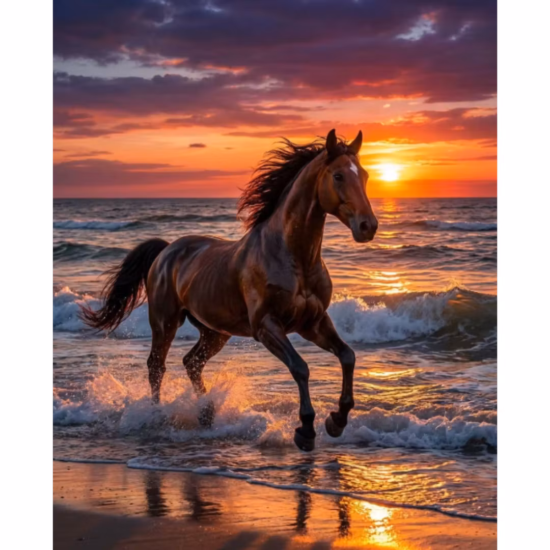 Diamanttavla Horse Beach Sunset 40x50