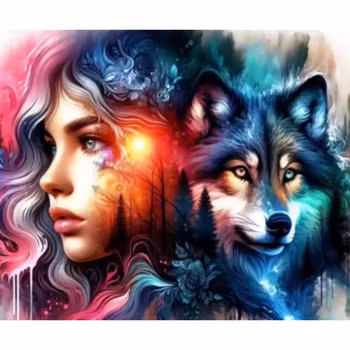 Diamanttavla Wolf And Woman 50x40