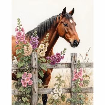 Diamanttavla Häst Stockrosor 40x50 - Leverans vecka 34