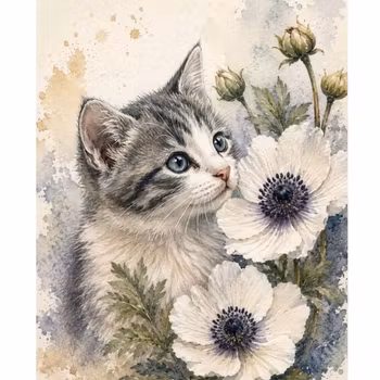 Diamanttavla Katt Vita Anemoner 40x50 - Lev v. 41