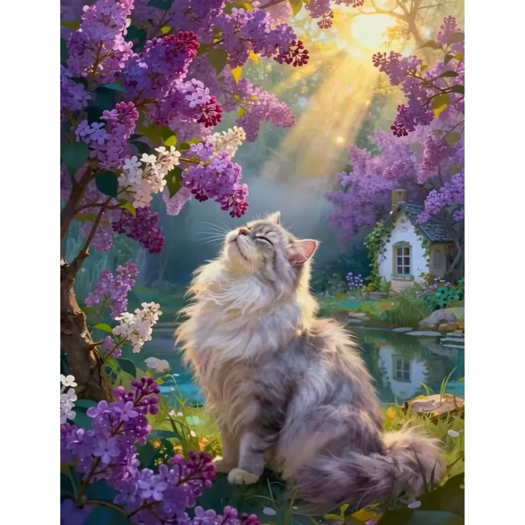 Diamanttavla Katt Vid Syrenträd 40x50