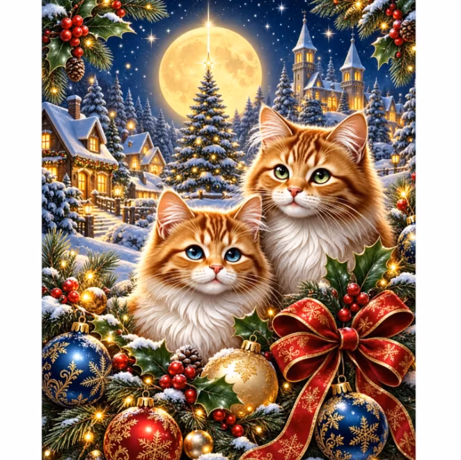 Diamanttavla Katter I Juletider 40x50 - Leverans vecka 44-45