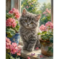 Diamanttavla Katt Pelargoner 40x50 - Leverans vecka 46-47