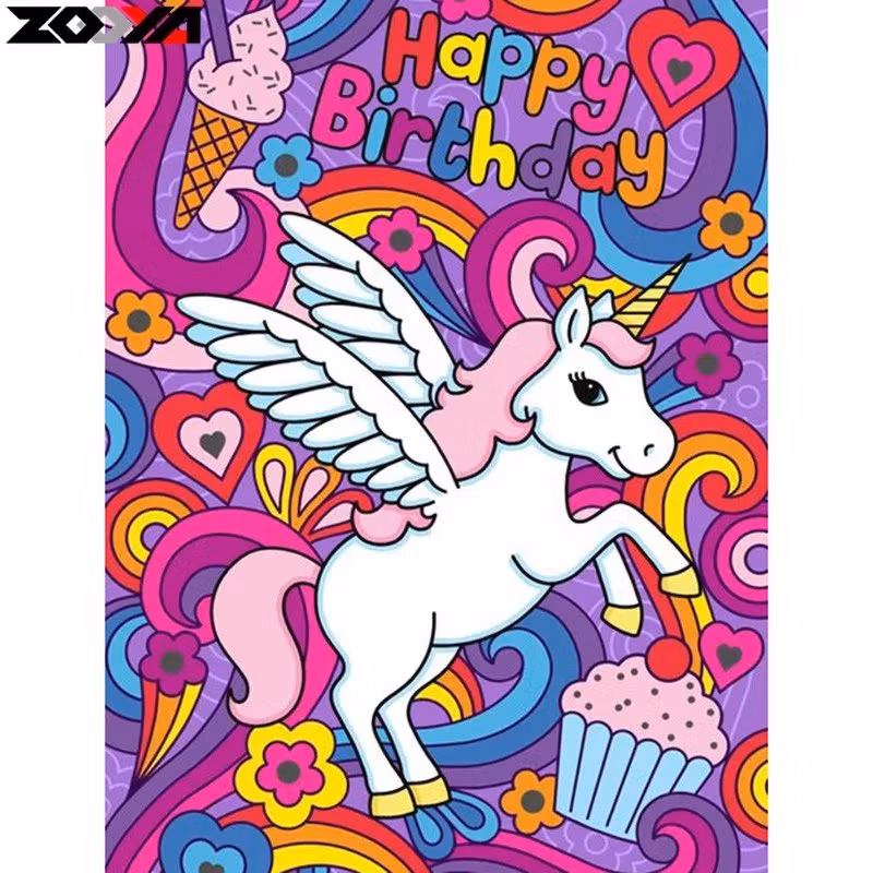 Diamanttavla Unicorn Happy Birthday 30x40