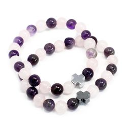 2x Set of 2 Friendship Bracelets - Love - Amethyst & Rose Quartz