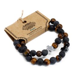 2x Set of 2 Friendship Bracelets - Power - Tiger Eye & Black Stone