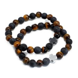 2x Set of 2 Friendship Bracelets - Power - Tiger Eye & Black Stone