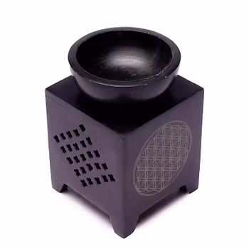 Oil burner in black polished soapstone - with the Flower of Life