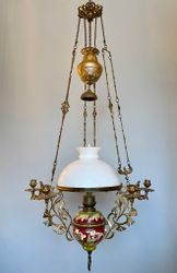 Antik jugendfotogenlampa i majolika 14''' för 6 ljus