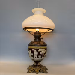 Antik majolika-fotogenlampa med antik skärm 14'''