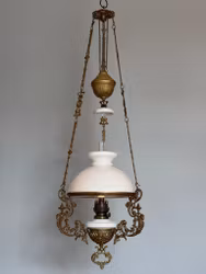 Antik korgfotogenlampa med vit rochesterskärm 14'''