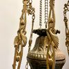 Antik jugendfotogenlampa med kragskärm i celadon 20'''