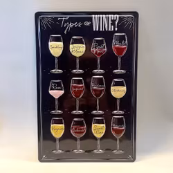 Plåtskylt: Vin (Olika typer i vinglas)