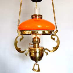 Antik takfotogenlampa i mässing 20''' med orange kragskärm