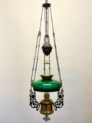 Antik takfotogenlampa med grön kragkärm 14'''