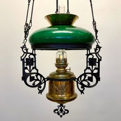 Antik takfotogenlampa med grön kragkärm 14'''