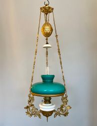 Antik korgfotogenlampa med turkos skärm 14'''