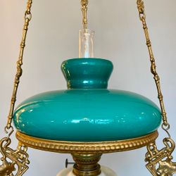 Antik korgfotogenlampa med turkos skärm 14'''