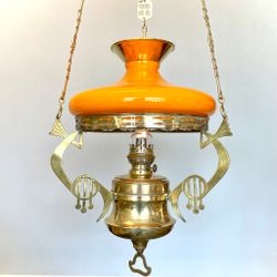 Antik takfotogenlampa jugend med mörkgul kragkärm 14'''