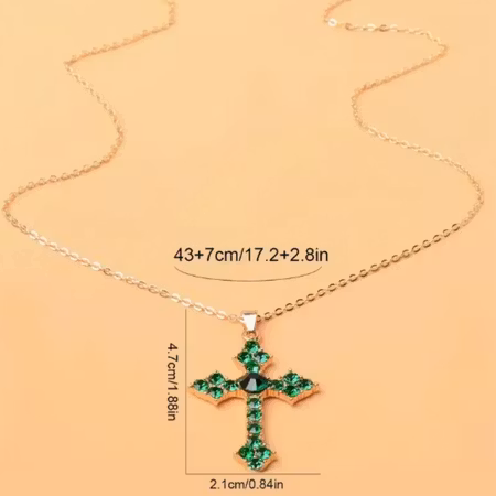 Halsband kors guldfärg o grönstrass
