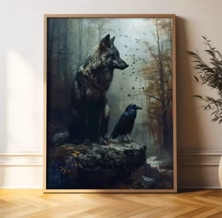 Tavla varg o korp inramad