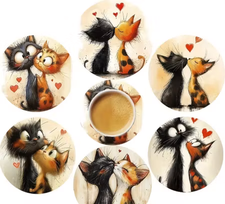 Glasunderlägg 6 st roliga katter