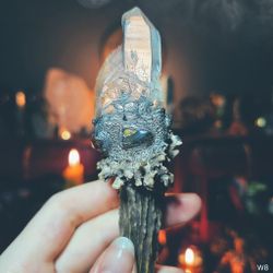 Ceremoniell Trollstav / Wand - Bergkristall & Bärnsten