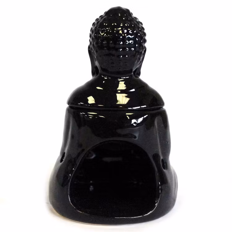Siddende Buddha, sort keramik, aromalampe