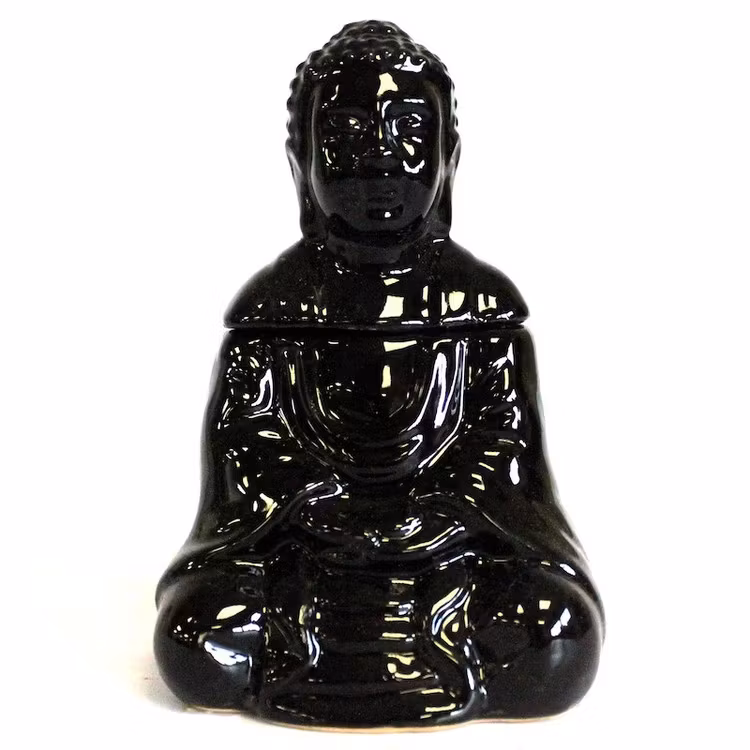 Siddende Buddha, sort keramik, aromalampe