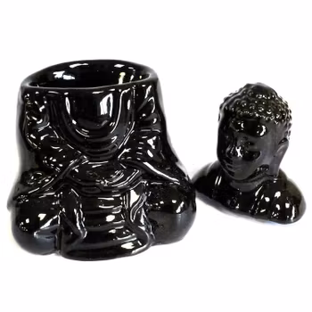 Siddende Buddha, sort keramik, aromalampe