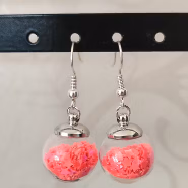 Örhängen glasglob med neonrosa stjärnglitter 16mm