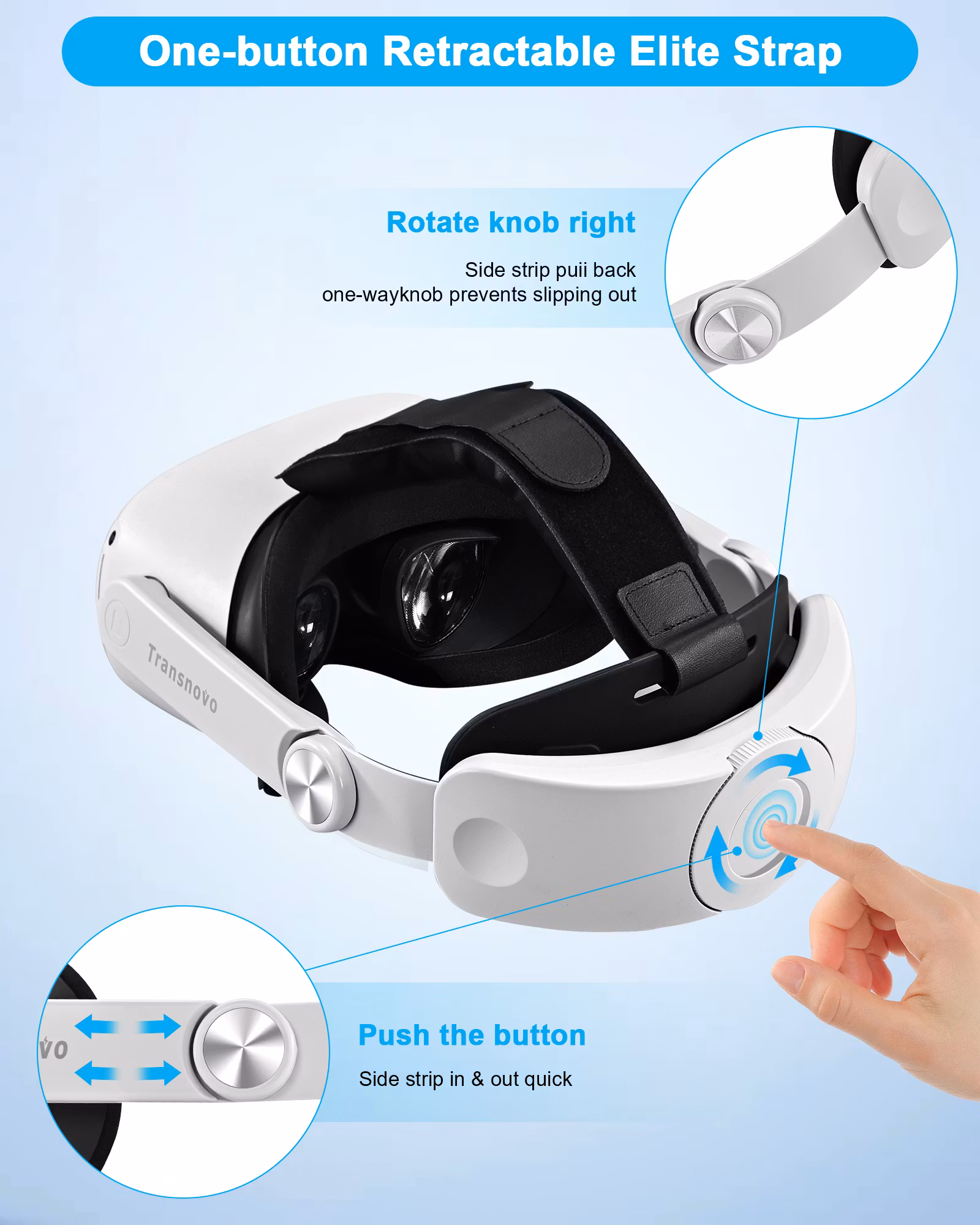TRANSNOVO Huvudrem Kompatibel med Meta Quest 3, VR-tillbehör för Oculus Quest 3, Enknappsfällbar Lättvikts Elite-rem, Förbättrad Komfort och Stöd för Spelimmersion