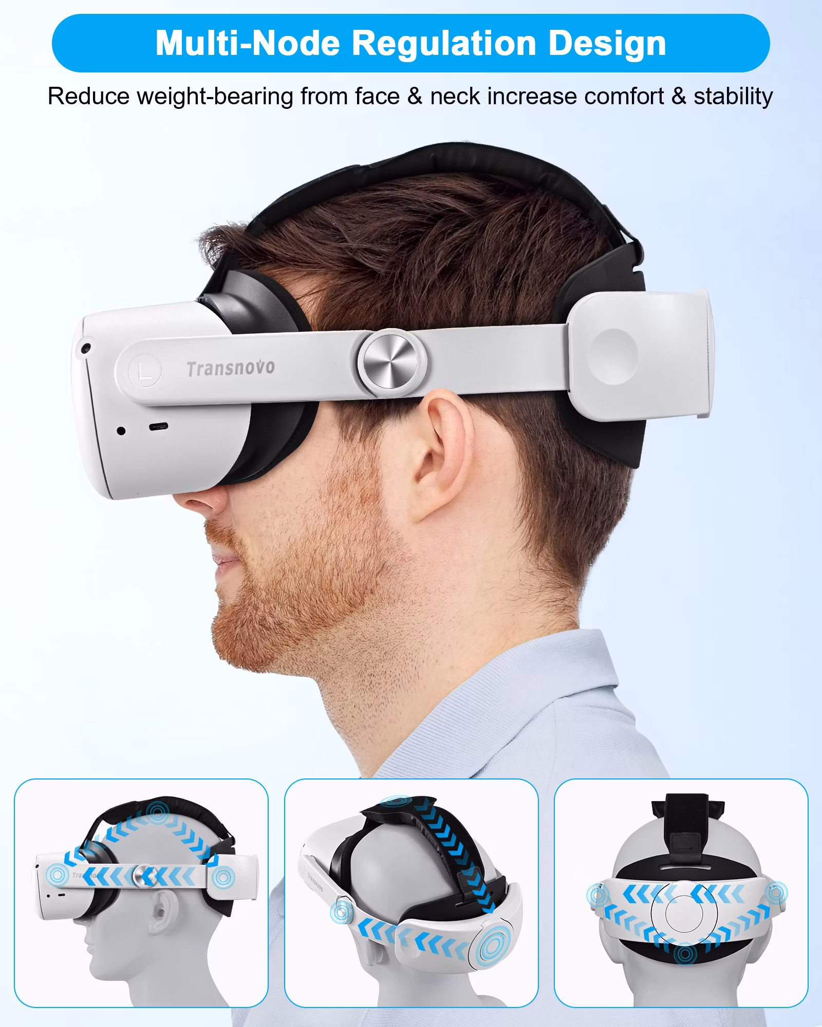 TRANSNOVO Huvudrem Kompatibel med Meta Quest 3, VR-tillbehör för Oculus Quest 3, Enknappsfällbar Lättvikts Elite-rem, Förbättrad Komfort och Stöd för Spelimmersion
