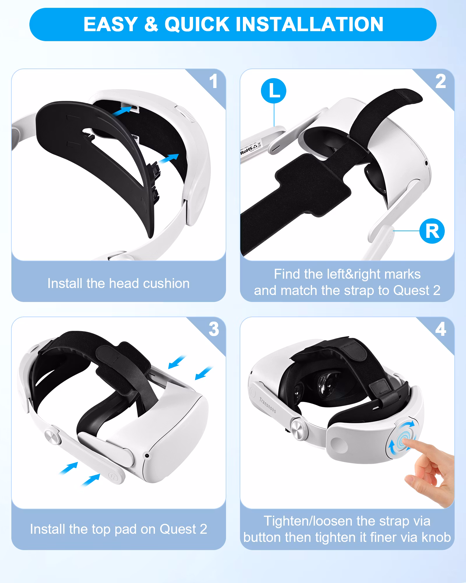 TRANSNOVO Huvudrem Kompatibel med Meta Quest 3, VR-tillbehör för Oculus Quest 3, Enknappsfällbar Lättvikts Elite-rem, Förbättrad Komfort och Stöd för Spelimmersion