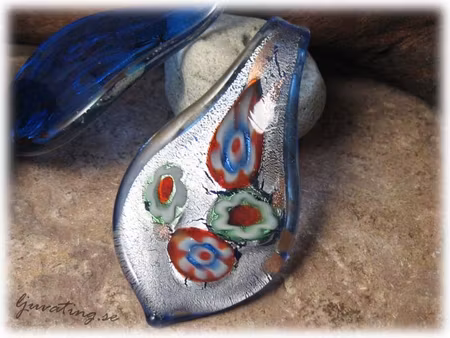 Lampwork glashänge silverfoil med blommor ca60x30