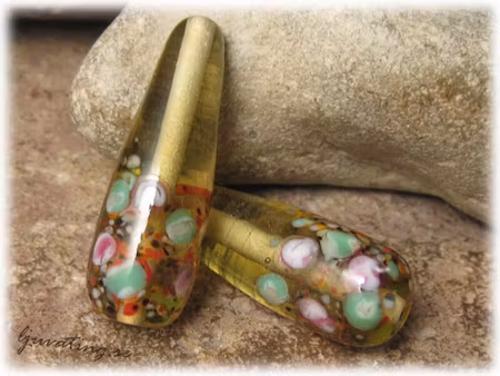 Transparent oliv stor droppe med blommor ca34x12