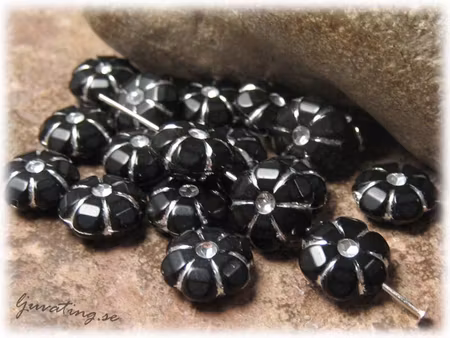 Pärla syntet svart puff med silver 20-pack ca 11mm