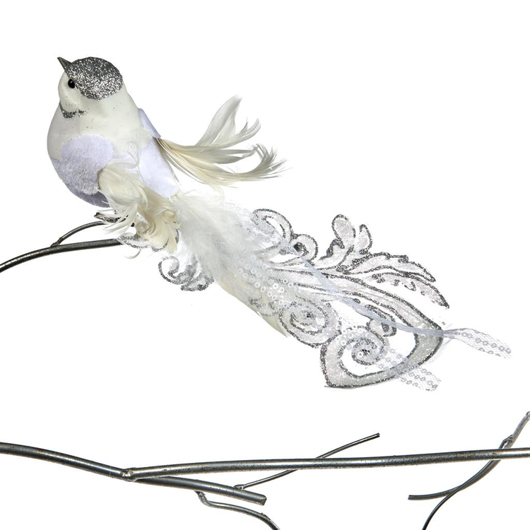 BIRD ON CLIP WH/SLV 29CM.