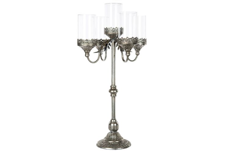 Kandelaber Blockljus 5-arm Antik Silver 36x72,5cm.