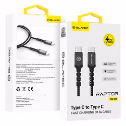 Blavec Cable Raptor flätad – USB-C till USB-C – PD 60W 3A 1 meter Apple CarPlay/Android Auto  svart-grå