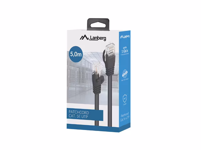 PATCHKABEL CAT.5E UTP 5M SVART FLUKE PASSED BOX LANBERG