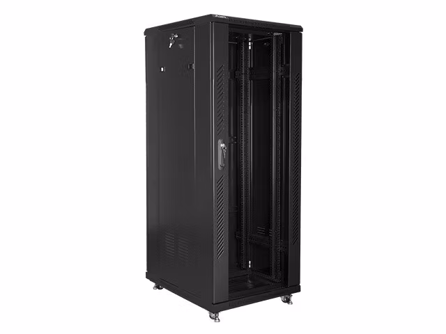 RACKSKÅP 19" FRISTÅENDE 32U/600X800 MED GLASDÖRR SVART LANBERG (MONTERAD)