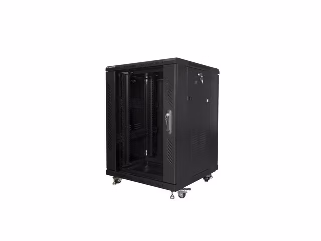 RACKSKÅP 19" FRISTÅENDE 15U/600X600 MED GLASDÖRR SVART LANBERG (MONTERAD)