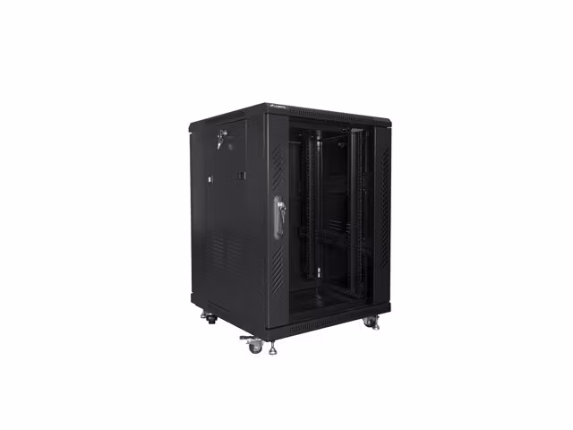 RACKSKÅP 19" FRISTÅENDE 15U/600X600 MED GLASDÖRR SVART LANBERG (MONTERAD)