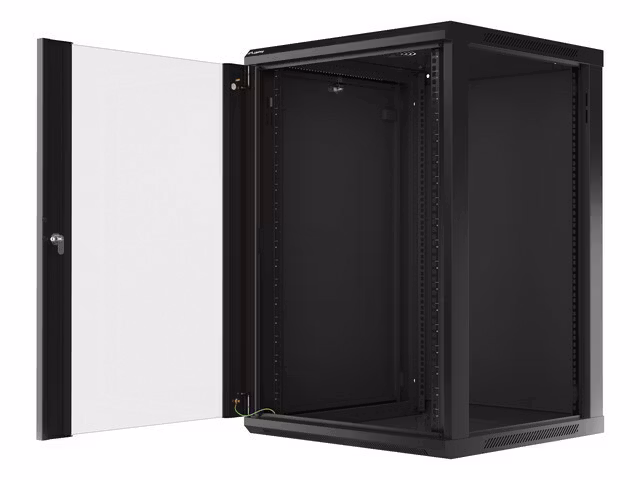 RACKSKÅP 19" VÄGGMONTERAT 18U/600X600 (FLAT PACK) MED GLASDÖRR SVART LANBERG V2
