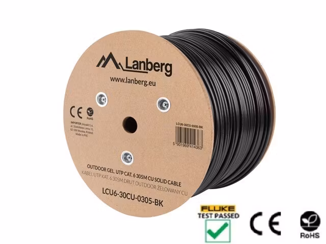 LAN-KABEL CAT.6 UTP 305M SOLID UTOMHUS GEL-FYLLD CU SVART FLUKE PASSERADE LANBERG
