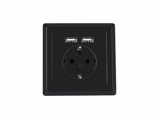 VÄGGUTTAG 230V MED 2 USB-PORTAR 2.1A, SCHUKO UTTAG SVART LANBERG