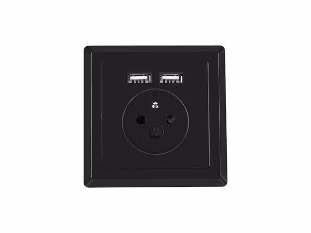 VÄGGUTTAG 230V MED 2 USB-PORTAR 2.1A, FRANSKT UTTAG SVART LANBERG