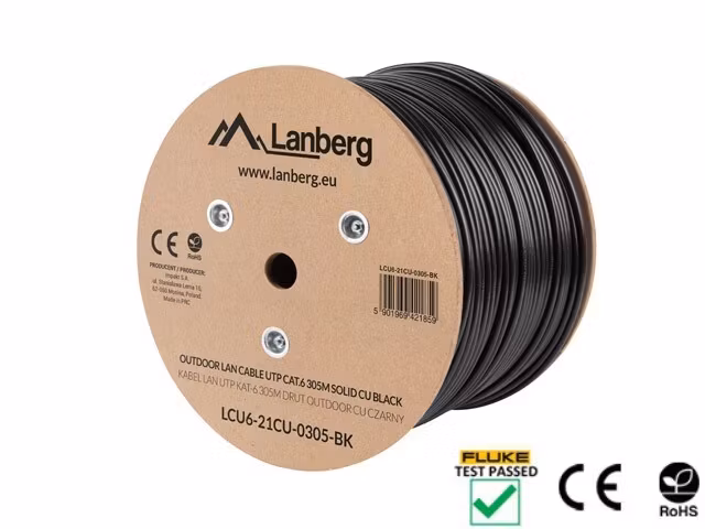 LAN-KABEL CAT.6 UTP 305M SOLID UTOMHUS CU SVART FLUKE PASSERADE LANBERG