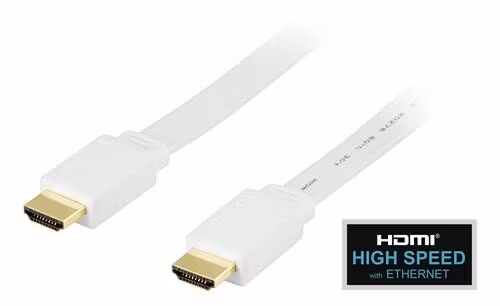 DELTACO HDMI kabel, HDMI High Speed with Ethernet, 4K, UltraHD i 60Hz, platt, 1m, guldpläterade kontakter, 19-pin ha-ha, vit